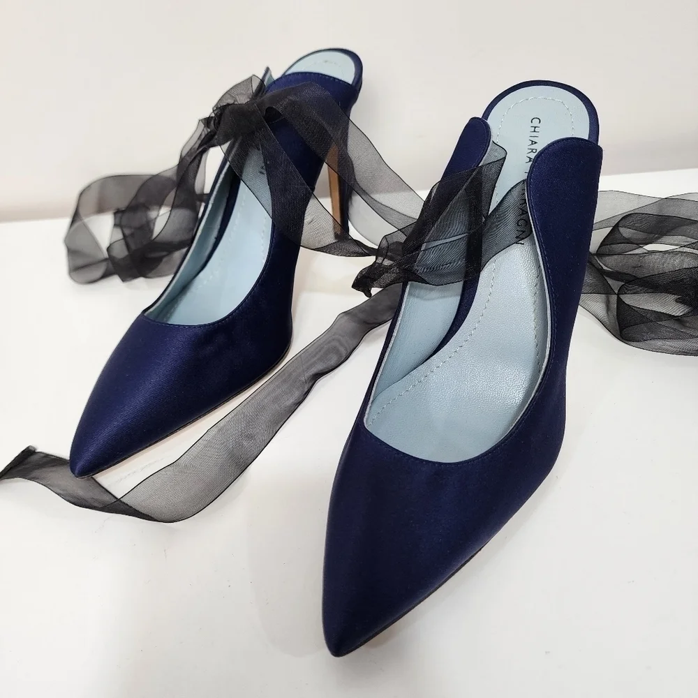 Chiara Ferragni blue satin heels with tulle bow, size 37, nwt